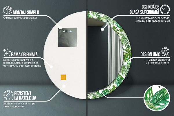 Espelho com moldura impressa redonda Folhas da selva