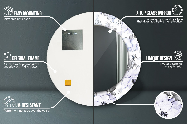 Espelho circular de parede decorativo Rosas azuis