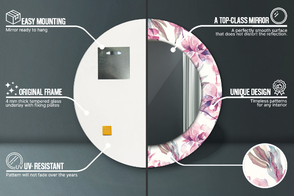 Espelho circular de parede decorativo Flores de peónias