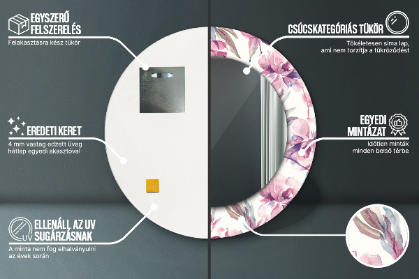 Espelho circular de parede decorativo Flores de peónias