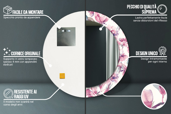 Espelho circular de parede decorativo Flores de peónias