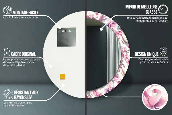 Espelho circular de parede decorativo Flores de peónias