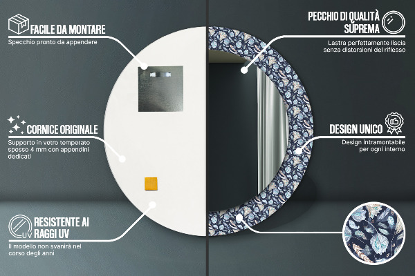 Espelho com moldura impressa redondo Padrão Boho