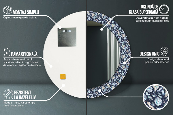 Espelho com moldura impressa redondo Padrão Boho