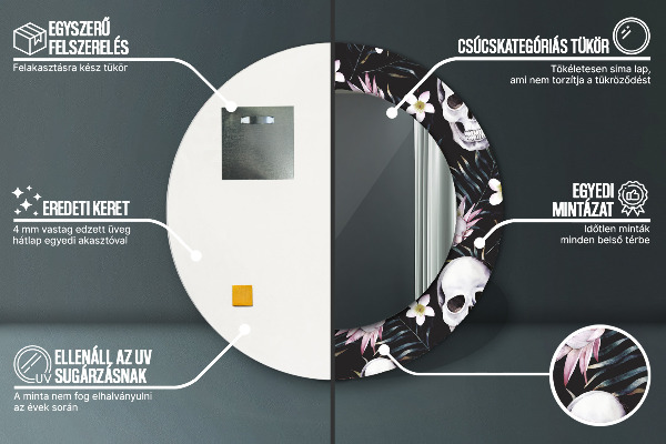 Espelho circular de parede decorativo Flores de caveira