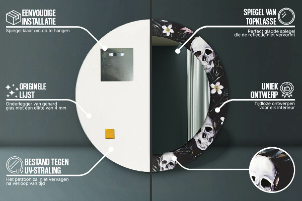 Espelho circular de parede decorativo Flores de caveira