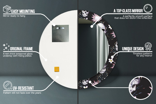 Espelho circular de parede decorativo Flores de caveira