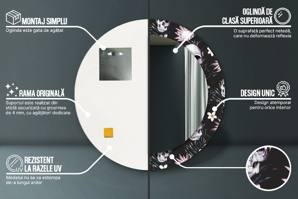 Espelho circular de parede decorativo Flores de caveira