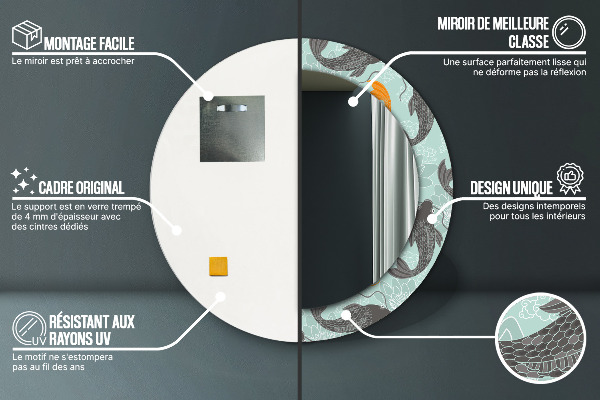 Espelho com moldura impressa redonda Carpa chinesa