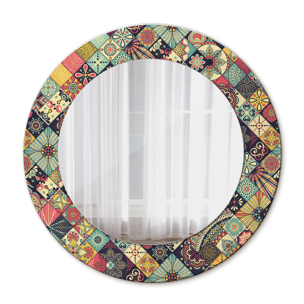 Espelho com moldura impressa redondo Floral étnico