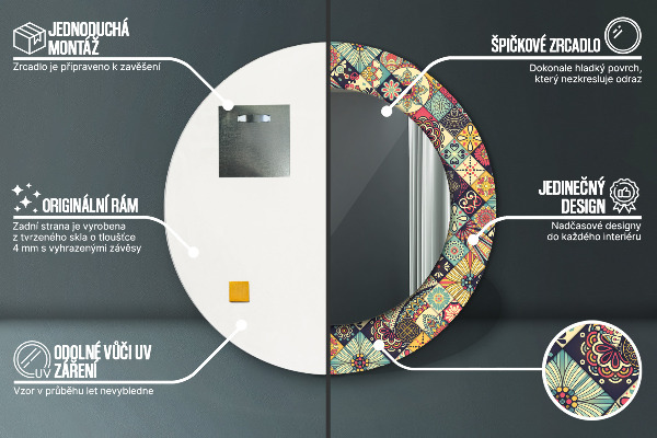 Espelho com moldura impressa redondo Floral étnico