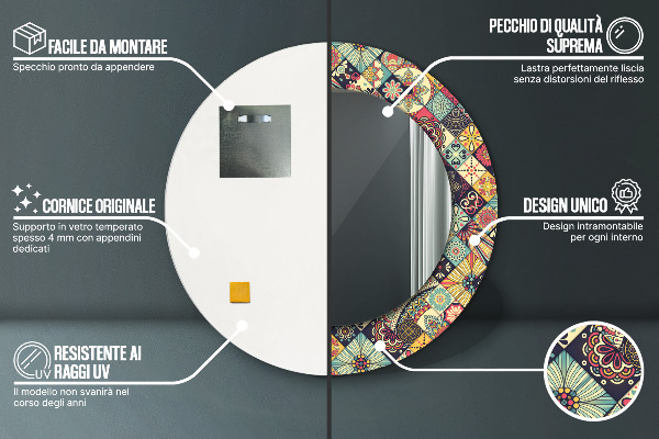 Espelho com moldura impressa redondo Floral étnico