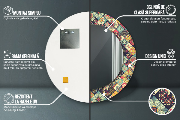 Espelho com moldura impressa redondo Floral étnico