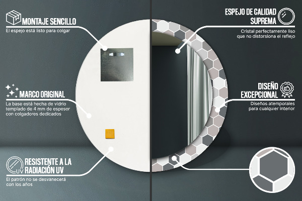 Espelho circular de parede decorativo Padrão hexagonal