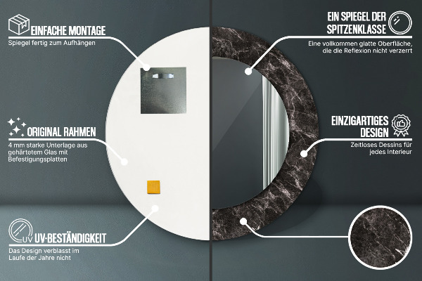 Espelho com moldura impressa redondo Mármore preto