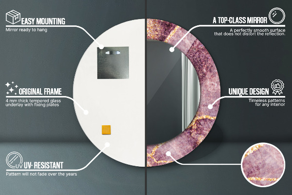 Espelho com moldura impressa redondo Mármore com ouro