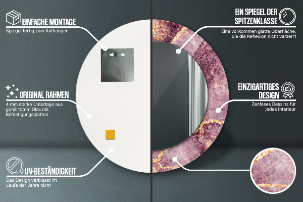 Espelho com moldura impressa redondo Mármore com ouro