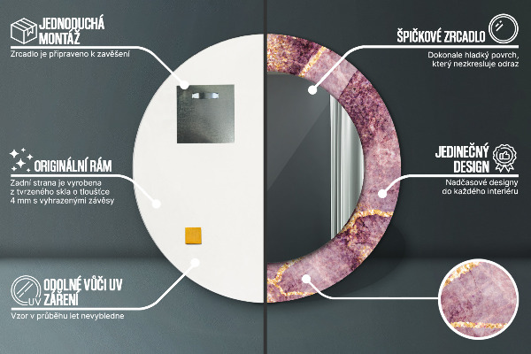 Espelho com moldura impressa redondo Mármore com ouro