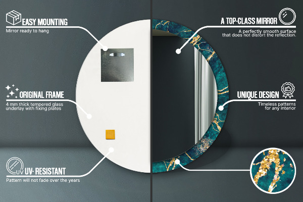 Espelho com moldura impressa redondo Mármore verde malaquite