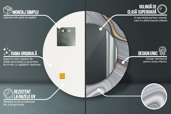 Espelho com moldura impressa redondo Mármore cinzento