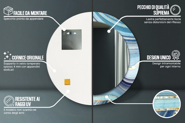 Espelho com moldura impressa redondo Mármore azul