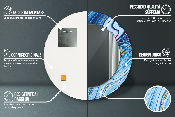 Espelho de parede circular decorativo Mármore azul