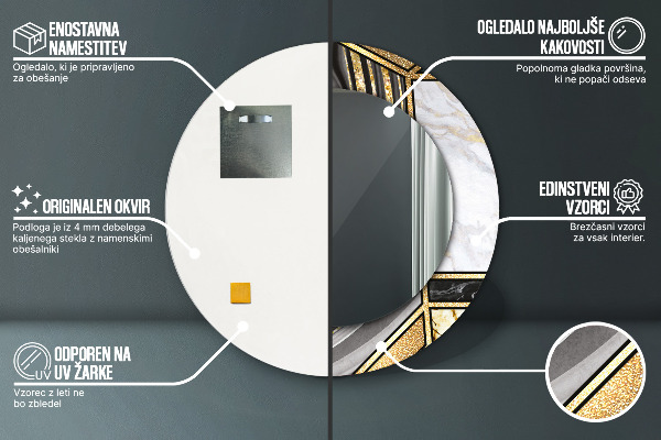 Espelho com moldura impressa redondo Mármore de ágata e ouro