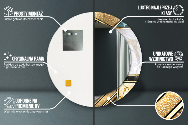 Espelho com moldura impressa redondo Mármore de ágata e ouro