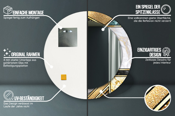 Espelho com moldura impressa redondo Mármore de ágata e ouro