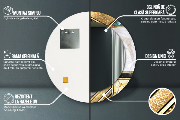 Espelho com moldura impressa redondo Mármore de ágata e ouro