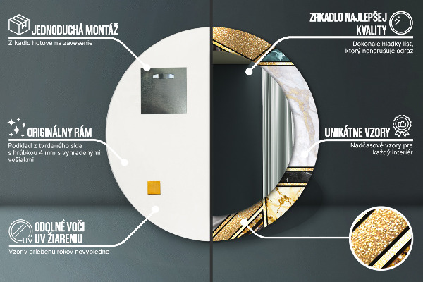 Espelho com moldura impressa redondo Mármore de ágata e ouro