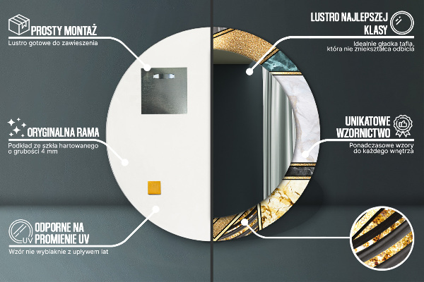 Espelho com moldura impressa redondo Mármore de ágata e ouro