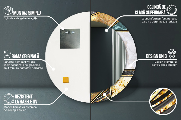 Espelho com moldura impressa redondo Mármore de ágata e ouro