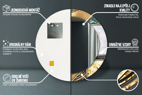 Espelho com moldura impressa redondo Mármore de ágata e ouro