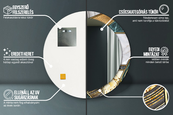 Espelho com moldura impressa redondo Mármore de ágata e ouro