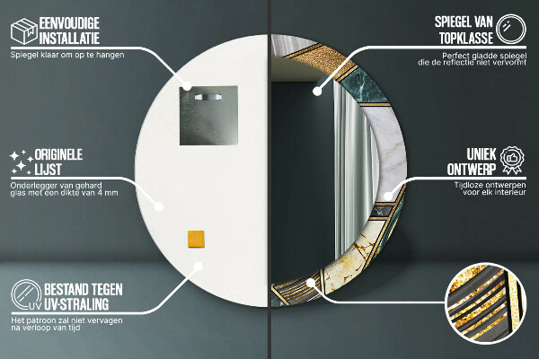 Espelho com moldura impressa redondo Mármore de ágata e ouro