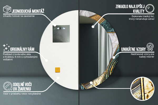 Espelho com moldura impressa redondo Mármore de ágata e ouro