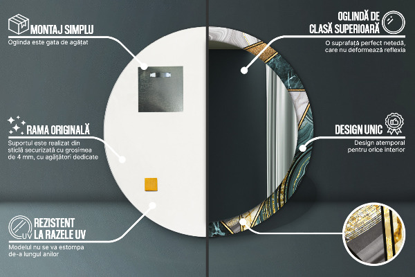 Espelho com moldura impressa redondo Mármore de ágata e ouro