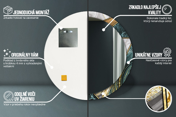 Espelho com moldura impressa redondo Mármore de ágata e ouro