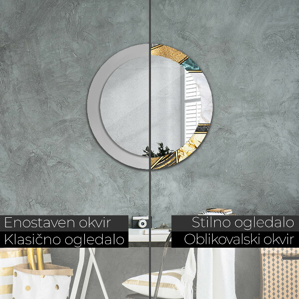 Espelho com moldura impressa redondo Mármore de ágata e ouro