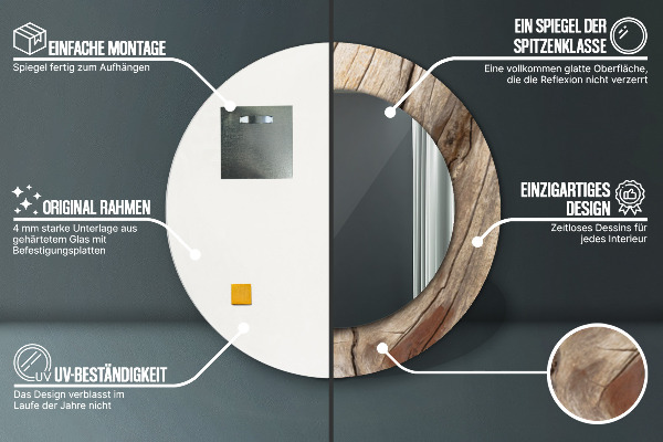 Espelho com moldura impressa redondo Madeira rachada