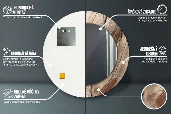 Espelho com moldura impressa redondo Madeira rachada