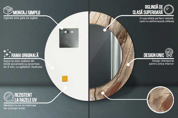 Espelho com moldura impressa redondo Madeira rachada