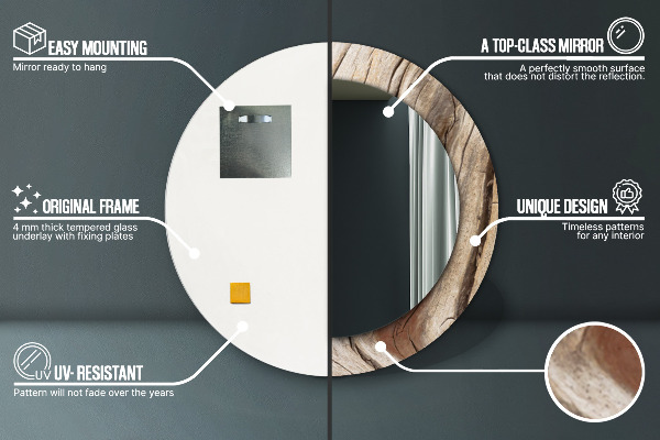 Espelho com moldura impressa redondo Madeira rachada