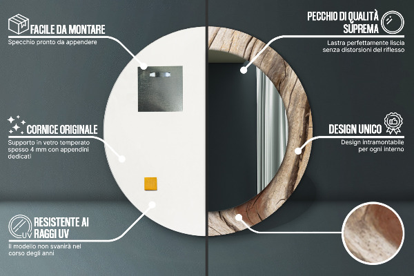 Espelho com moldura impressa redondo Madeira rachada