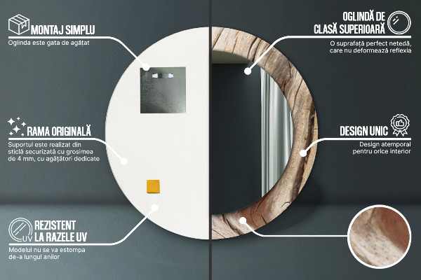 Espelho com moldura impressa redondo Madeira rachada