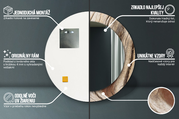 Espelho com moldura impressa redondo Madeira rachada