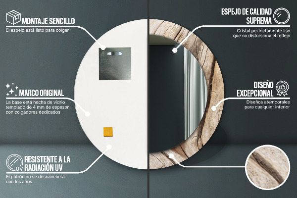 Espelho com moldura impressa redondo Madeira rachada