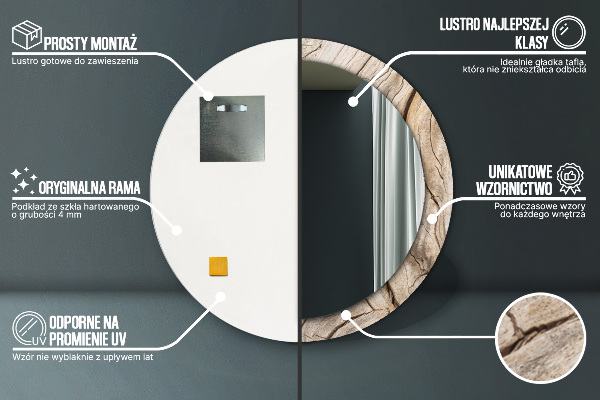 Espelho com moldura impressa redondo Madeira rachada