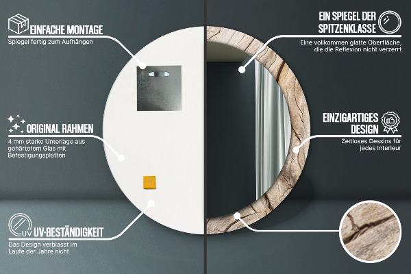 Espelho com moldura impressa redondo Madeira rachada